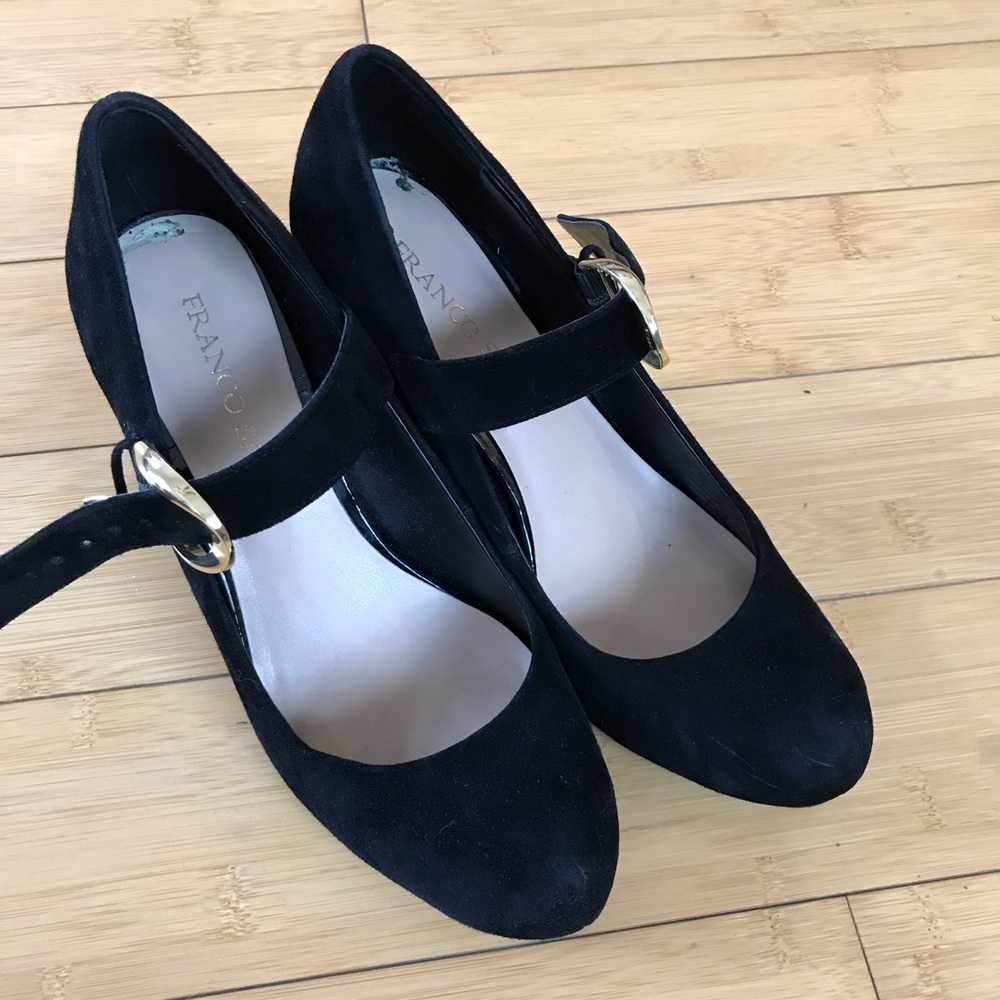 Franco Sarto Black Suede Pumps with Buckle Strap